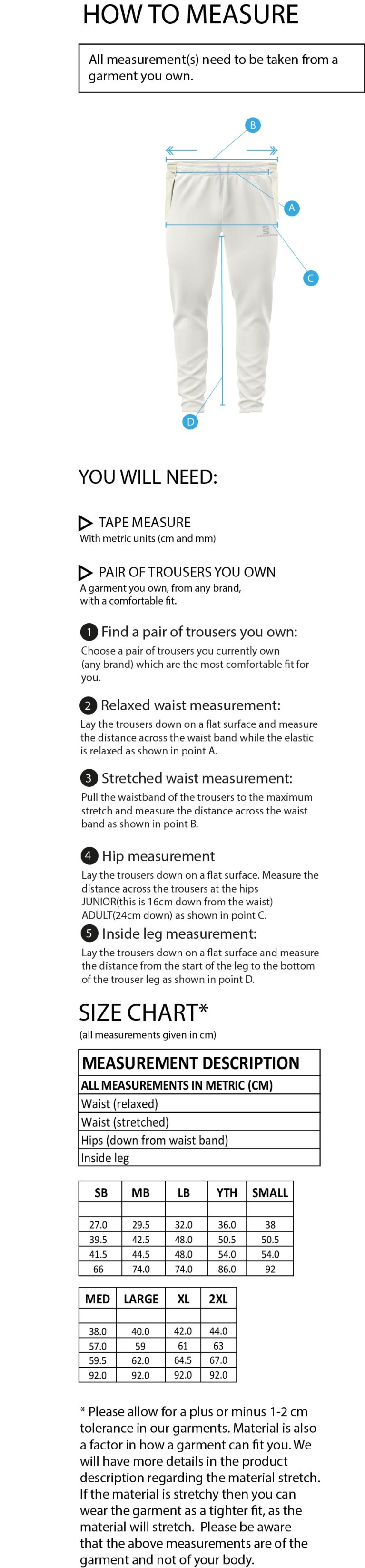 North Runcton CC - Blade Playing Pants - Size Guide