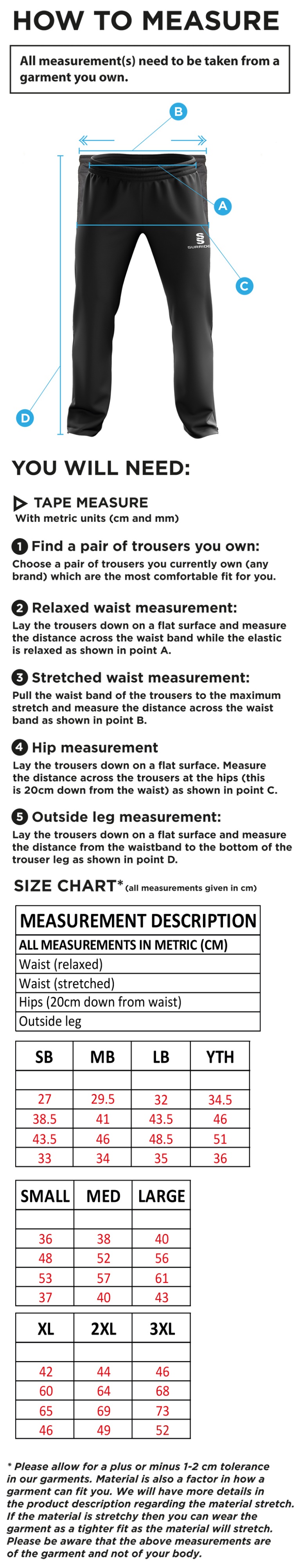 North Runcton CC - Ripstop Track Pants - Size Guide
