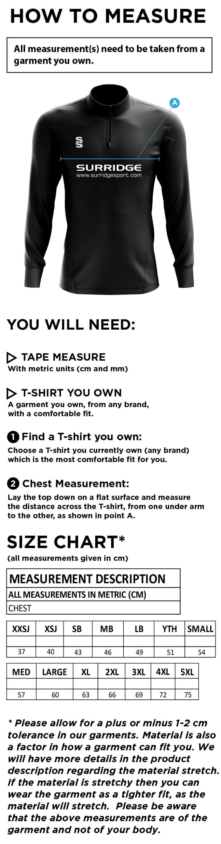 North Runcton CC - Fuse Performance Top - Size Guide