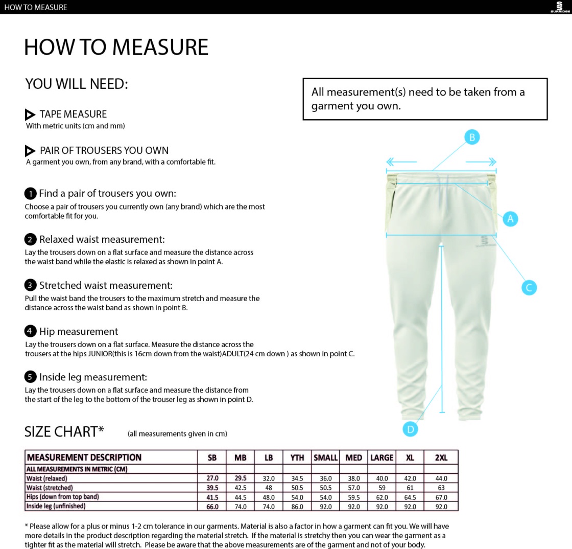 North Runcton CC - Blade Playing Pants - Size Guide