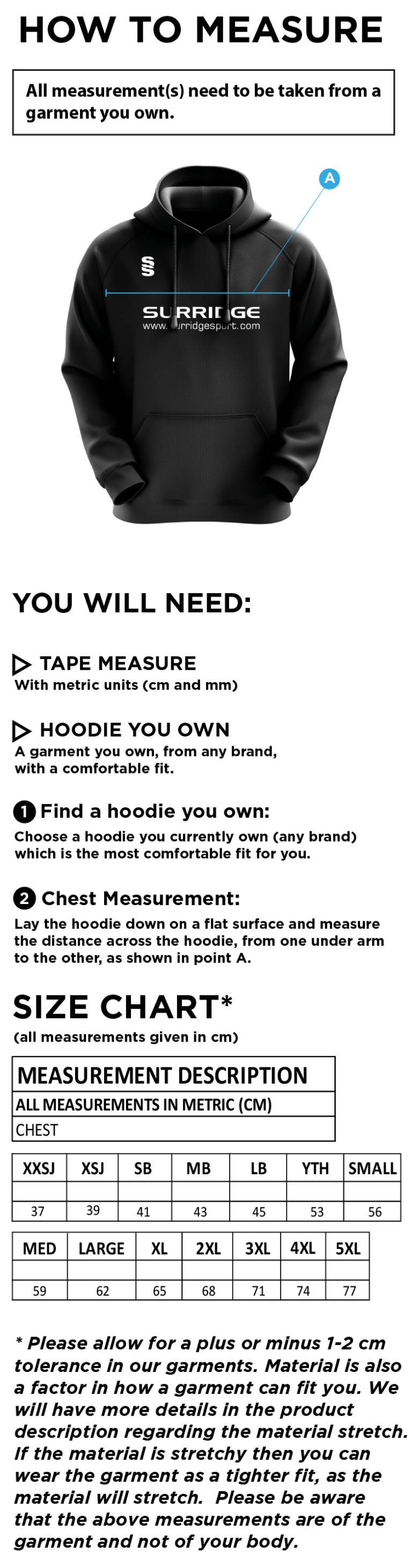 North Runcton CC - Fuse Hoody - Size Guide