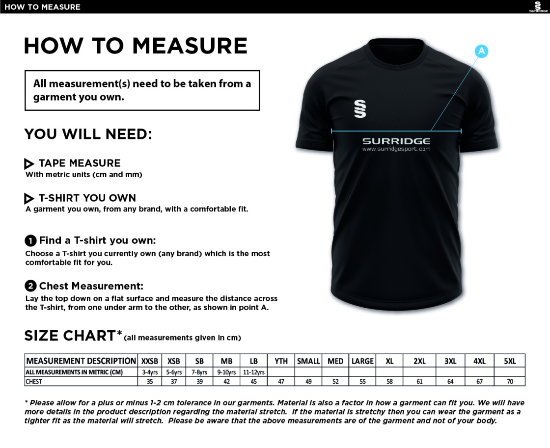 North Runcton CC - Blade Training Shirt - Size Guide