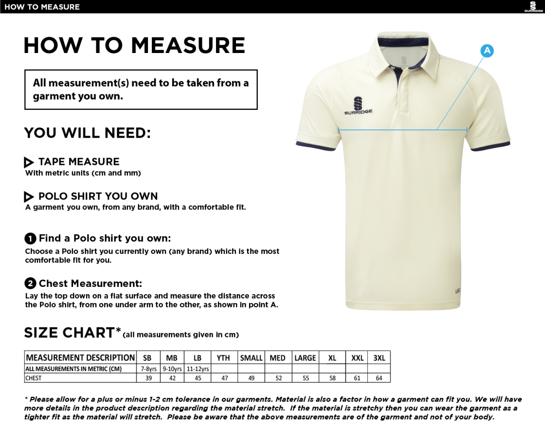 North Runcton CC - Ergo Short Sleeved Playing Shirt - Size Guide