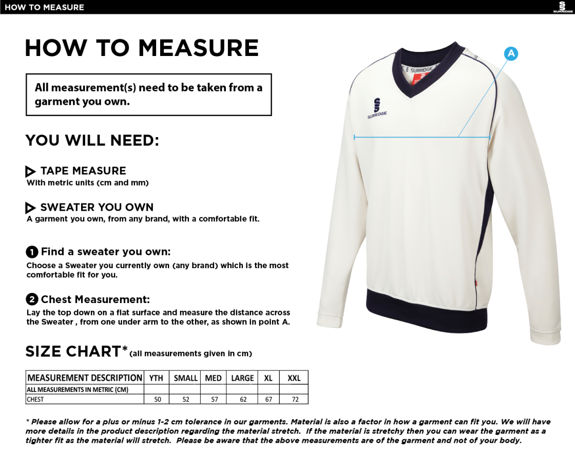 North Runcton CC - Curve Long Sleeved Sweater - Size Guide