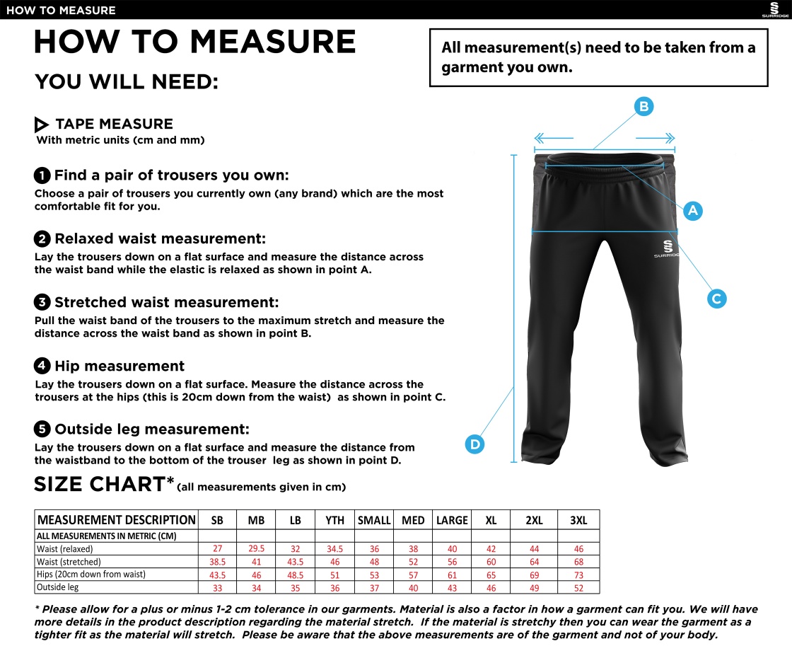 North Runcton CC - Ripstop Track Pants - Size Guide