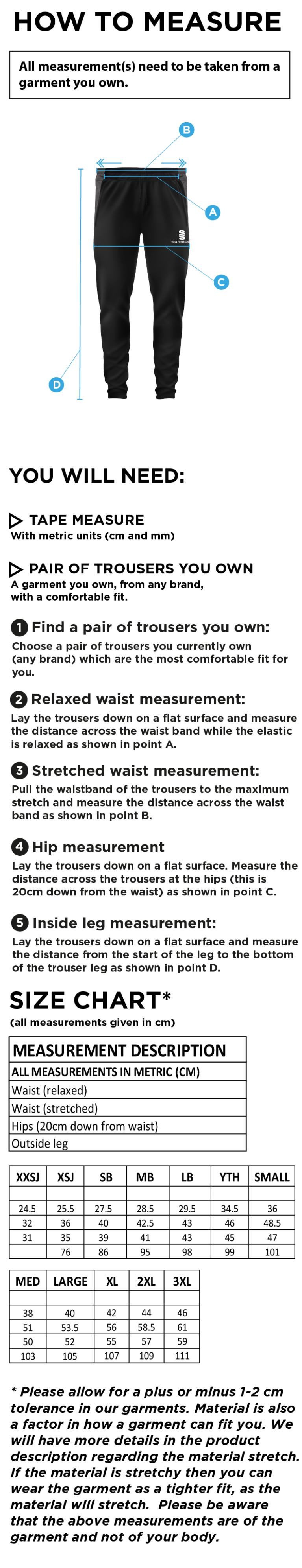 North Runcton CC - Tek Pants - Size Guide