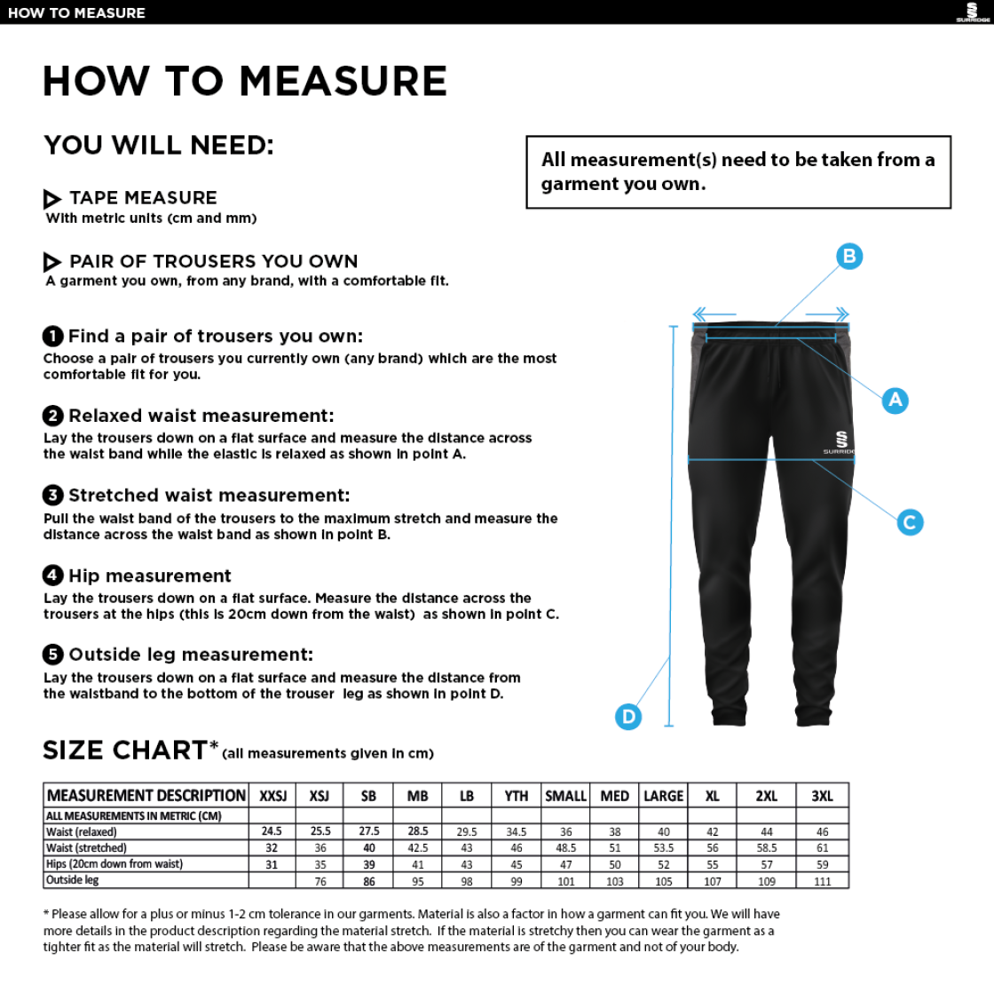 North Runcton CC - Tek Pants - Size Guide