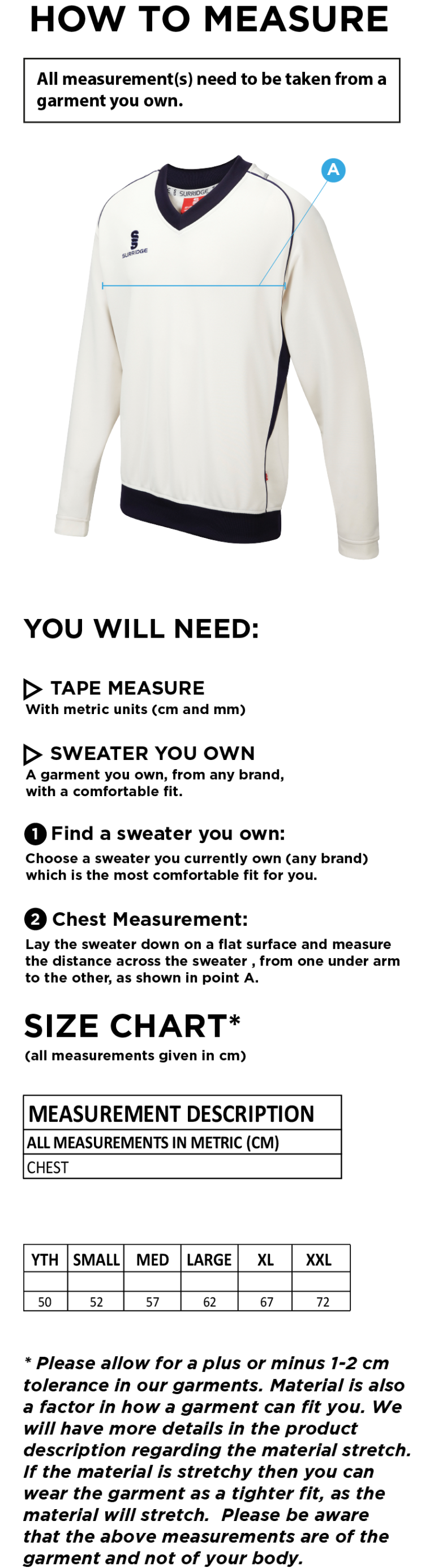 North Runcton CC - Curve Long Sleeved Sweater - Size Guide