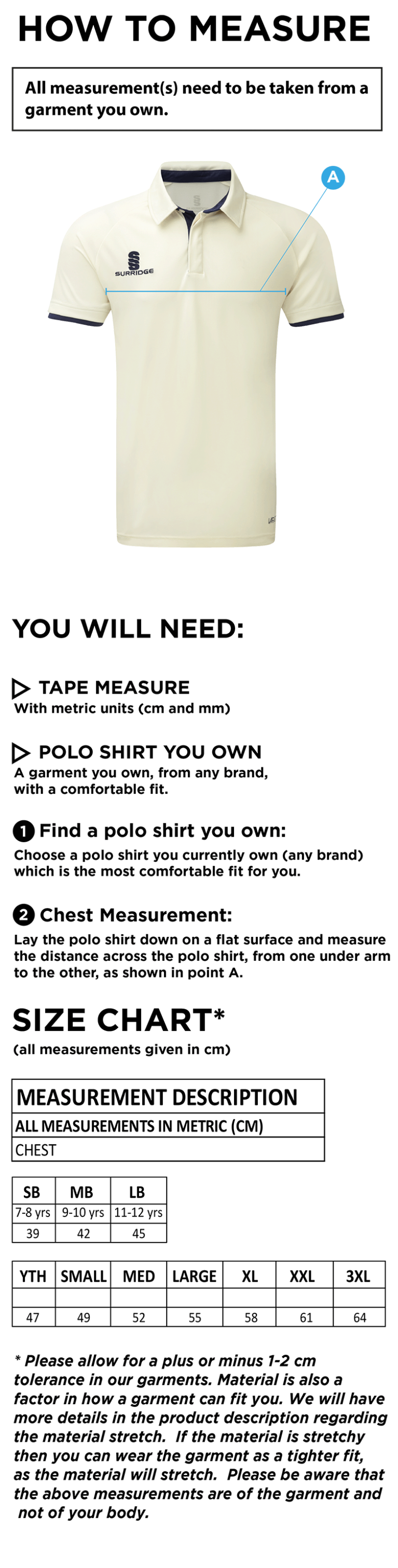 North Runcton CC - Ergo Short Sleeved Playing Shirt - Size Guide