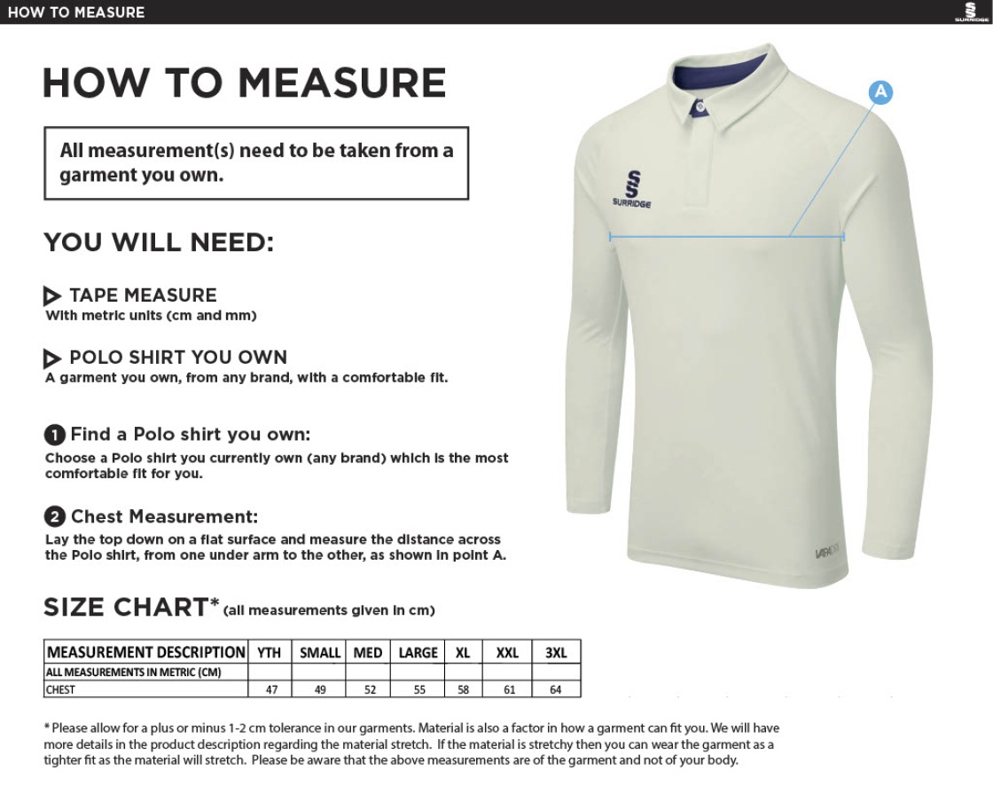 North Runcton CC - Ergo Long Sleeved Playing Shirt - Size Guide
